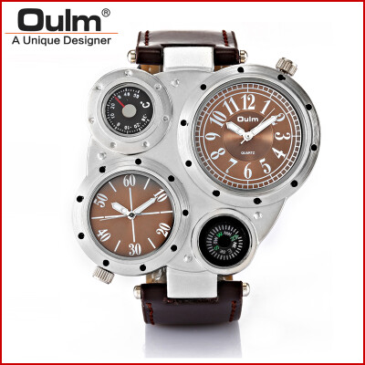 

OULM 9415 Multiple Time Zone Japan Quartz Movement Men Sport Thermometer Compass Decoration Leather Strap Oulm Military Watch