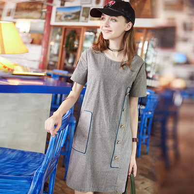 

Yixiang Li Ying 2017 summer new cuffs fork with large pocket short-sleeved dress A word skirt 970435211 gray