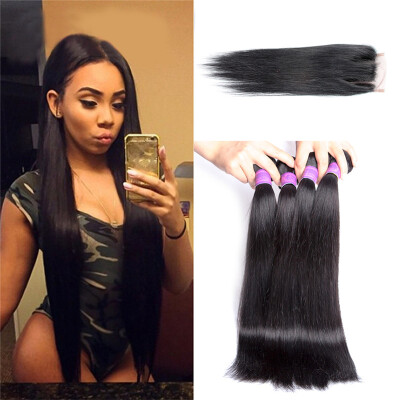 

8A Grade Malaysian Straight Virgin Hair 3 Bundles With Closure Human Hair With Closure Cheap Straight Hair With Closure