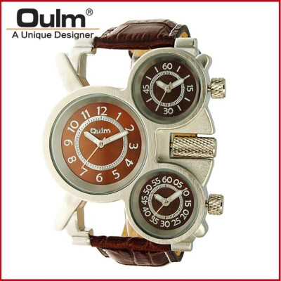 

OULM 1167 Mens Vintage Steam Punk Leather Band Watches 3 Time Zone Japan MOVT Casual Quartz Watch