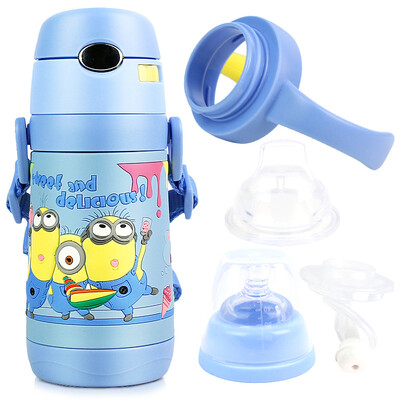 

【Jingdong Supermarket】 small yellow people insulation glass students children's stainless steel water cup set (duckbill + pacifier + straw cover + handle + strap) 300ML blue