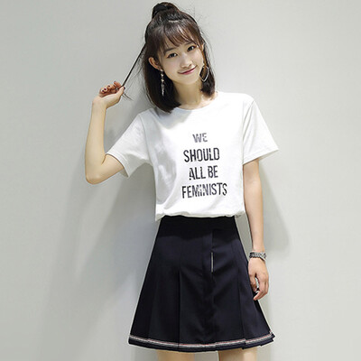 

City Plus CITYPLUS Arts Fan wide loose thin round collar hedge print short sleeve T shirt female CWTD175150 white