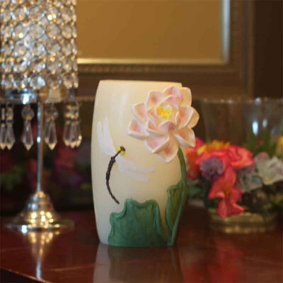 

DFL 45X7 Vase Shape Of Flameless Real Wax Led Candle With Timer-Embossed White Lily Flower