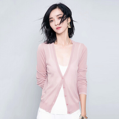 

Longyue women&39s wild knit cardigan lace stitching sunscreen long-sleeved air-conditioning shirt LWYC174206 pink