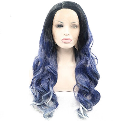 

Anogol Glueless Long Body Wave Blue Mix White Ombre Black Roots Heat Resistant Hair Wigs For Women Synthetic Lace Front Wig