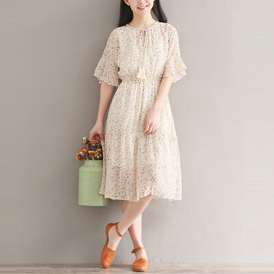 

City plus CITYPLUS retro Sen female women short-sleeved long section of the waist was thin students floral dress CWQZ174452 color M