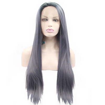 

Anogol Long Grey Straight Glueless Peruca Laco Sintetico Heat Resistant Natural Hair Fully Wigs Synthetic Lace Front Wig