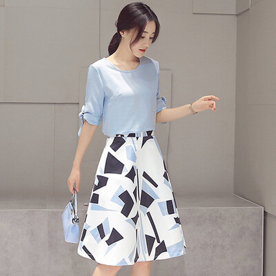 

Sibo homes 2017 new summer dress round neck short sleeve lace A word temperament geometric pattern high waist long skirt S72R0198A1676S gray blue
