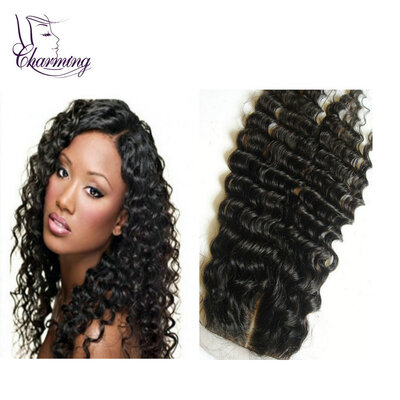 

Middle Part Brazilian Deep Wave Closure Charming Virgin Human Hair 4X4 Cheap Silk Base Lace Front Closure Bleached Knots