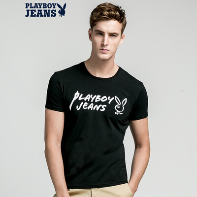 

Playboy PLAYBOYJEANS Men's short sleeve T-shirt round necklace print pure color Slim half sleeve elastic simple letter cotton jacket European and American wind summer 71102004 white L