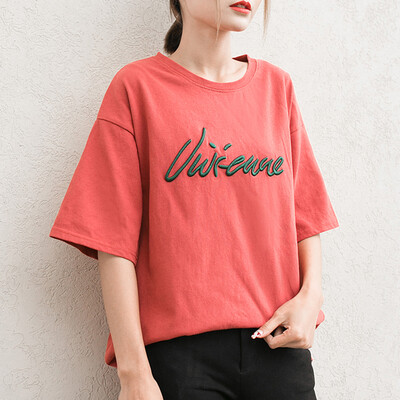 

Long Yue Women's letter embroidery short-sleeved T-shirt simple wild primer LWTD174102 green L