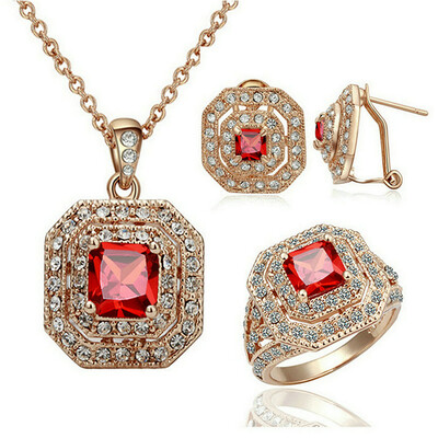 

Yoursfs Indian Luxury Jewelry Sets18K Rose Gold Plated Bling Cocktail JewelrySquare Red Crystal Pendant Necklace & Earrings & Ha