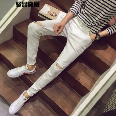 

Jeans, men's knee, word break, nine jeans, male Korean, slim feet, trousers, beggars, street stretch pants