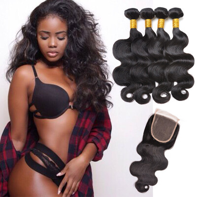 

Brazilian Body Wave Virgin Human Hair Weave 4 Bundles With Lace Closure Unprocessed Brazillian Remy Hair And Top Closures Free Mid