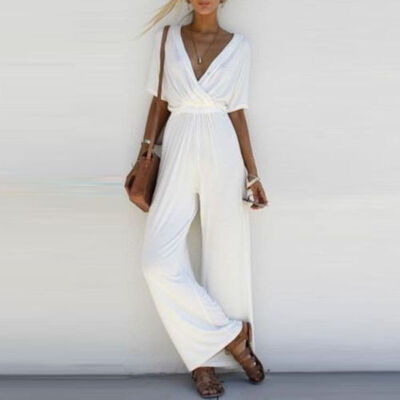 

CANISWomen V Neck Loose Playsuit Party Ladies Romper Short Sleeve Long Jumpsuit -XL