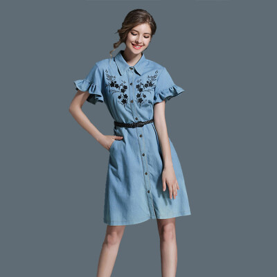 

2017 Summer New Fashion Slim Chiffon Ruffle Sleeve Simple Blue Women's Dress Party Office Prom Beauty Lady's Dress