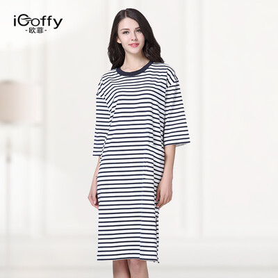 

iCoffy сорочка свободный хлопок вокруг шеи платье рукава костюм OF8003 темно-синий Размер полосы