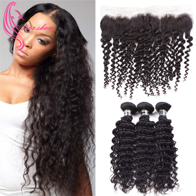 

7A Deep Wave with Frontal 3 Bundles with Lace Frontal 13x4 Unprocessed Human Hair Weave Bundles Soft And Bouncy 1B Color