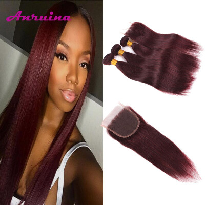 

Indian Virgin Hair with Closure Burgundy Straight Human Hair with Closure Red Unprocessed Straight Hair 3 Bundles and Lace Closure