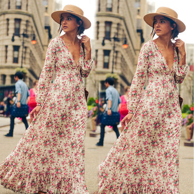

CANISWomens Maxi Boho Floral Summer Beach Long Skirt Evening Cocktail Party Dress