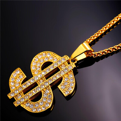 

U7 Gold Plated Rhinestone Dollar Pendant Necklace Hip Hop Men /Women Jewelry Gift