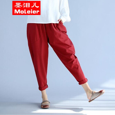 

Summer pack of fat mm plus fat to increase the size of womens cotton flax elastic waist harlan pants down pants 200 catties