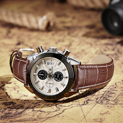 

MEGIR New High Range Fashion Luxury Multifunction Mens Watch Relaxation Commerce Wrist Watch Genuine Leather Strap Waterproof