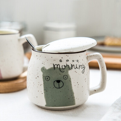 

Porcelain soul creative fashion ceramic cartoon cup couple mug with covered spoon water cup fresh&lovely milk coffee cup Meng Meng animal gray bear