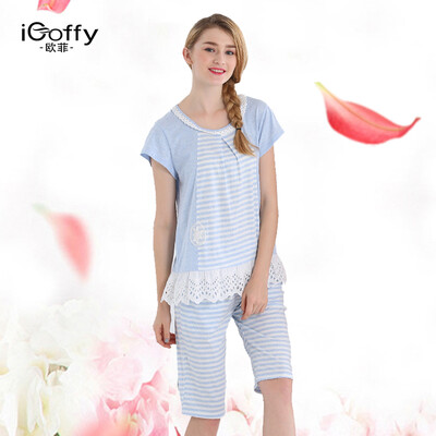

Ms iCoffy Short Sleeve Pajamas Set Cute Striped Lace Split Home Service OF7111 Blue