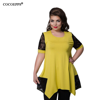 

COCOEPPS New Plus size Irregular Women Lace Tops 2017 Large Size Patchwork Ladies Blouse Blue O-Neck Elegant Femme  6XL Shirt