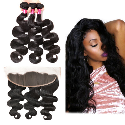 

13X4 Ear To Ear Lace Frontal Closure With Bundles Body Wave Brazilian Virgin Hair 3 Pcs With 8A Human Hair Lace Frontal Closure