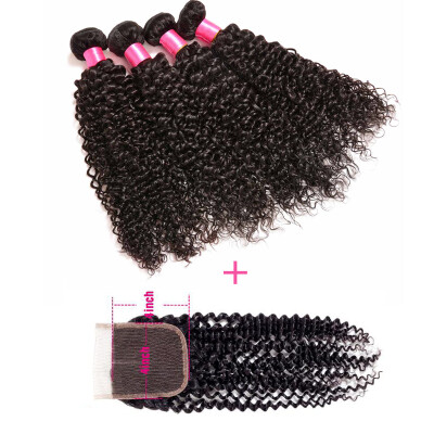 

Malaysian Kinky Curly Human Hair Bundles With Closure 7A Grade Virgin Unprocessed Human Hair Closure