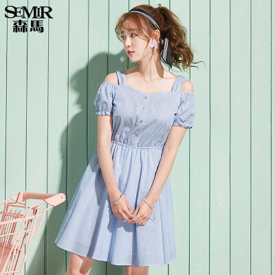 

Semir stripes are thin and sweet puffs sleeves shoulder to shoulder long section 19037140602 blue and white tone S