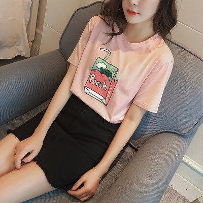 

Long Yue Women loose loose casual short-sleeved round neck T-shirt college style fashion wild primer LWTD172202 pink L