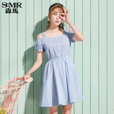 

Semir stripes are thin and sweet puffs sleeves shoulder to shoulder long section 19037140602 blue and white tone