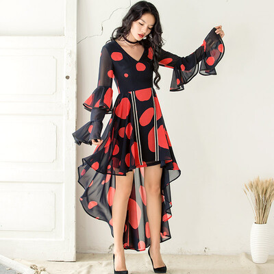 

Wei Ya Ji 2017 early autumn new chiffon dress long wave point lotus leaf long sleeves irregular skirt short before long soft dress