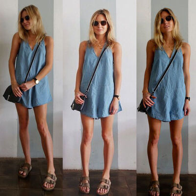 

CANIS@Women Vintage Summer Sleeveless Loose Denim Blouse Casual Tops Jumpsuit Dress
