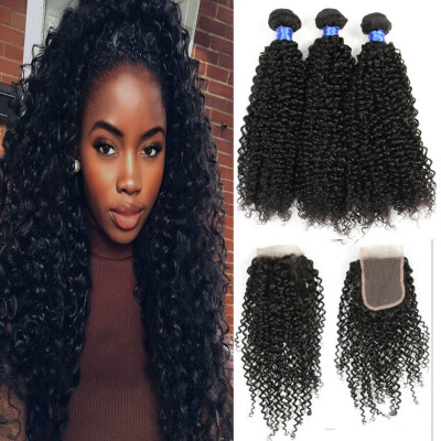 

8a Cheap Mongolian Curly Hair With Closure Kinky Curly Hair 3 Bundles Human Hair With Closure Mongolian Virgin Hair With Closure