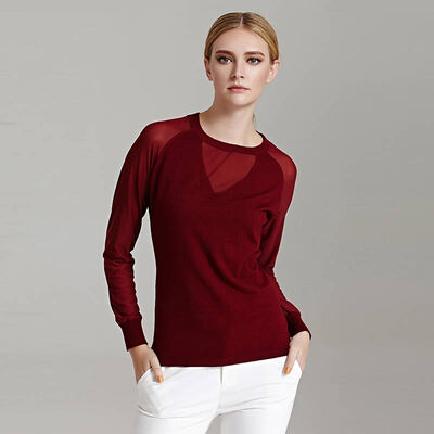 

Marc Rebecca Stylish Gauze Stitching Long Sleeve Knit Top Shirt Top 45522D Wine Red