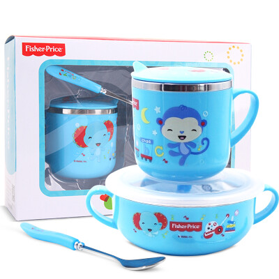 

Fisher-Price children's tableware baby food supplement stainless steel baby bowl with lid single handle with a cover cup spoon suit combination 350 + 270ML blue