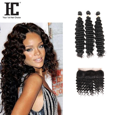 

Deep Wave Brazilian Hair with Frontal 8A 4 Bundles Brazilian Virgin Hair Deep Wave with Frontal Natural Black Human Hair Weave
