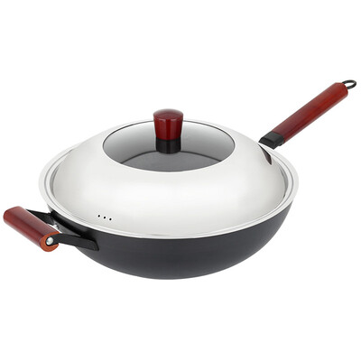 

US kitchen (maxcook) cast iron stainless steel wok 34CM wood series MCC502 with gas stove induction cooker general