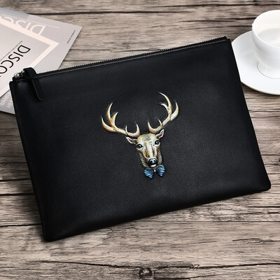 

JIVIVIL original deer head king mens handbag fashion personality clutch bag first layer cowhide envelope bag zipper hand clutch bag J608085 distinguished black