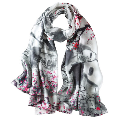 

2017 Summer New Fashion Silk Scarf Beach Office Paty Silk Scarves Pure Silk Collarette Women Gifts Vintage Ink Painting Style