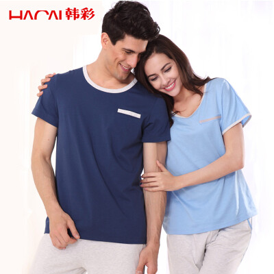 

Han Choi HACAI pajamas women short sleeve 2017 modal solid color round neck home suit suit light blue 16085