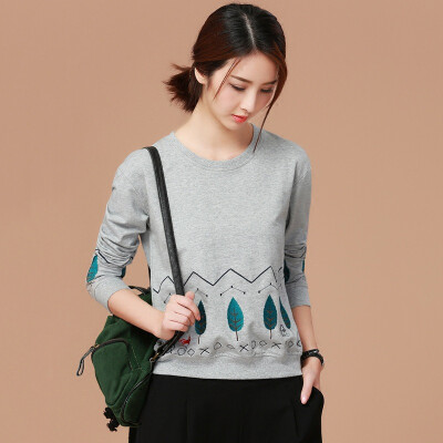 

City plus CITYPLUS 2017 autumn new women's long-sleeved embroidery T-shirt wild primer shirt loose casual sweater CWTC178260 light gray L