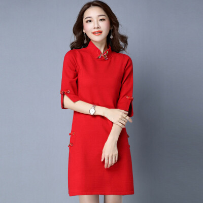 

A pond morning 2017 fall seven sleeves in the long paragraph improved cheongsam sweater dress S63Z0014A30M red