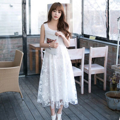 

Long Yue Women Slim Lace Embroidered Sleeveless Vest Dress Small Fresh Sweet Pure Chiffon Dress LWQZ172103 White