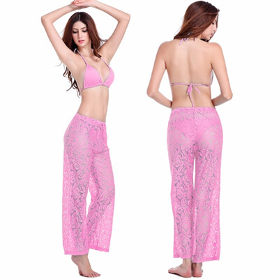 

Loose Pattern Beach wear pants Adjustable tie mature Women Sexy Lady Long Lace Pant