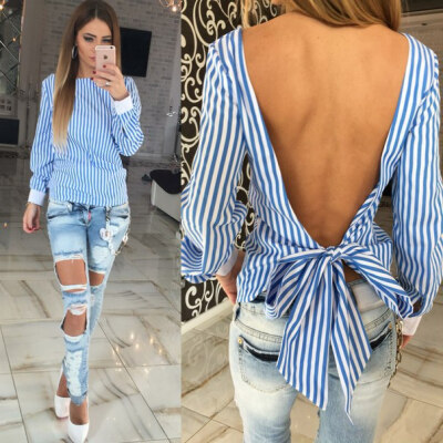 

The new Europe&the United States&sexy backless hollow out bind female striped shirt